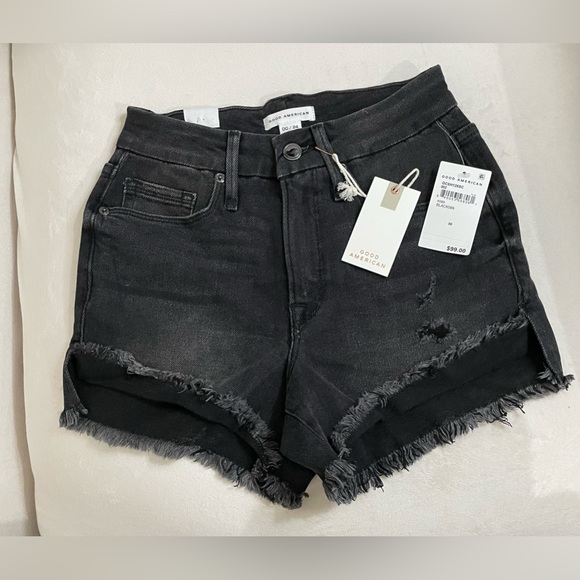 NWT Good American Good Curve Black denim shorts Distressed Size 00 - Picture 5 of 13